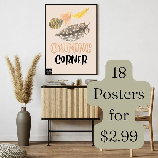Feather Style- CALMING CORNER 18 Poster Pack, mindfulness breathing posters, self-regulation, emotions chart, things I can and cannot control-Digital download