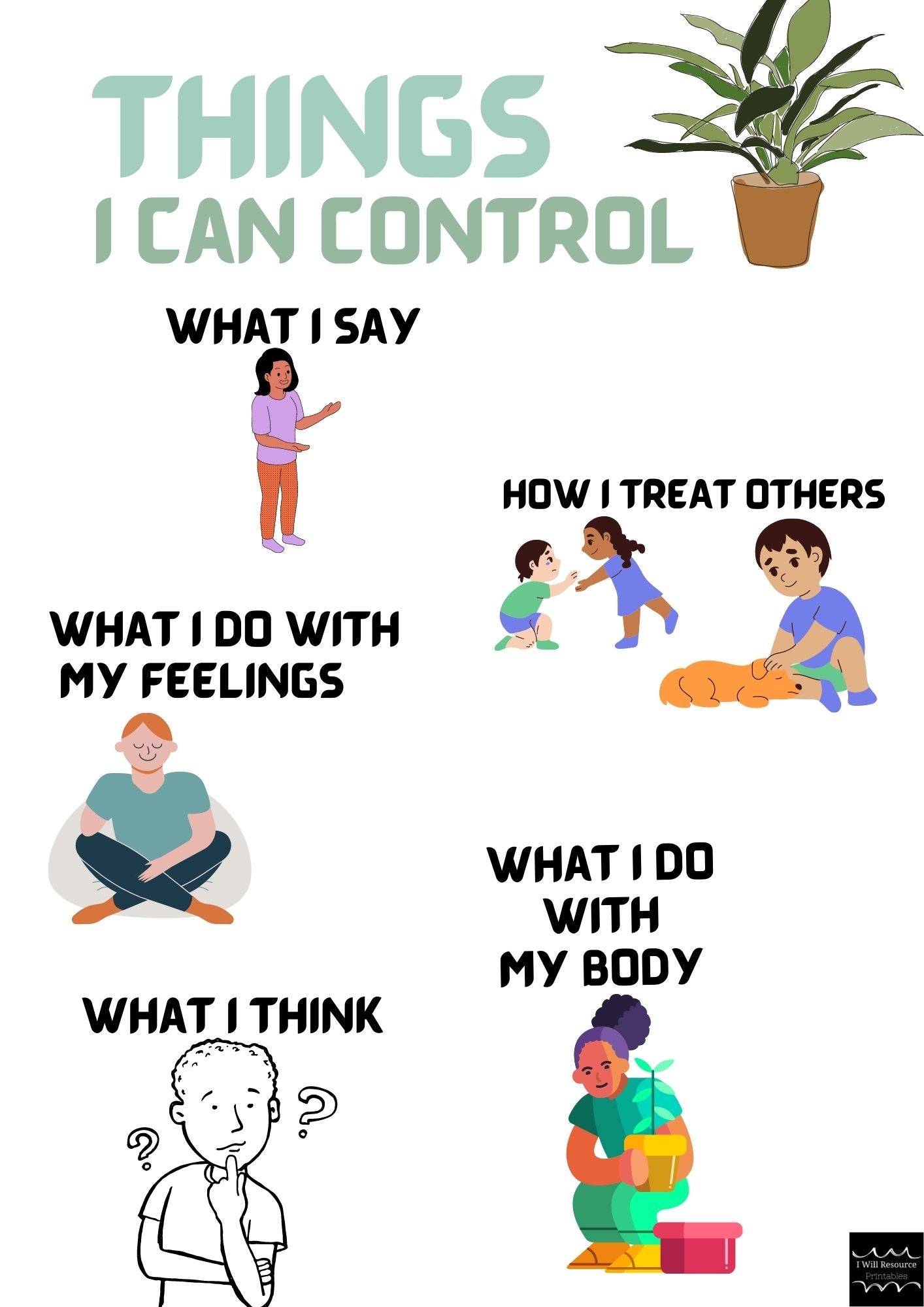 Plant Style- CALMING CORNER 18 Poster Pack, mindfulness breathing posters, self-regulation, emotions chart, things I can and cannot control-Digital download